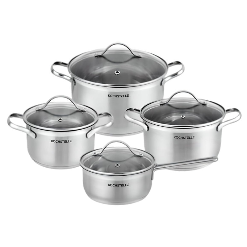 Batterie de cuisine en acier inoxydable 18/10 avec couvercle en verre 8 pièces Kochstelle, compatible avec l'induction
