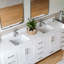 Meuble-lavabo autoportant moderne 84 po 84 po avec double vasque avec comptoir en marbre de Carrare, cuve en céramique blanche, quatorze tiroirs et deux armoires de rangement en bois massif, blanc