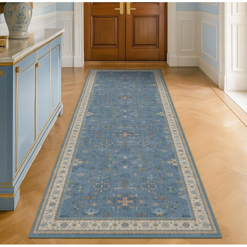 Tapis de couloir bohème vintage 76 cm x 244 cm, envers en caoutchouc antidérapant lavable, Bleu cendré