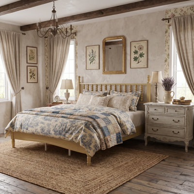 Natural Wood King Vintage Platform Bed Frame, Elegant Gourd Headboard with Heavy-Duty Attached Wooden Slat Support Base