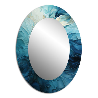 Aqua Blue And White Serenity Swirl III - Large Oval Wall Mirror On Metal
