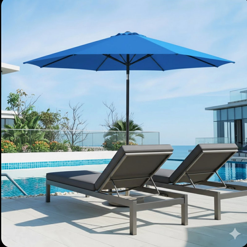 Parasol de marché bleu 11 pi avec manivelle, nervures Tilt *, toile résistante aux rayons UV pour la piscine, la cour et le patio (sans base)