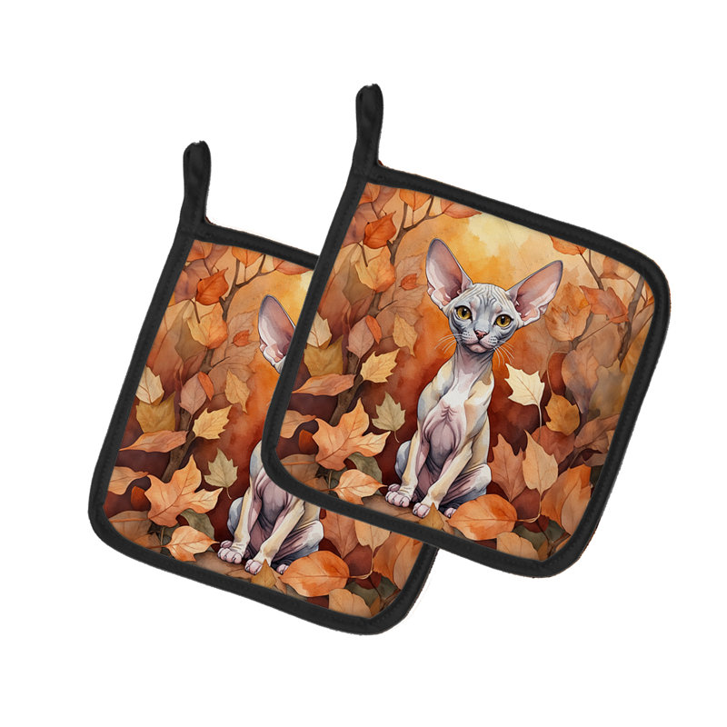Minskin Cat in Fall Leaves Pair of Pot Holders