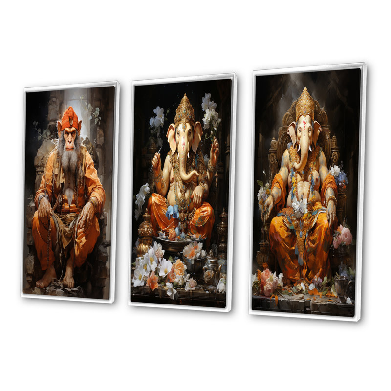 «Hinduisim Art Hanumans Devotion», 3 pièces sur toile, Cadre blanc, H 20 po x l 36 po
