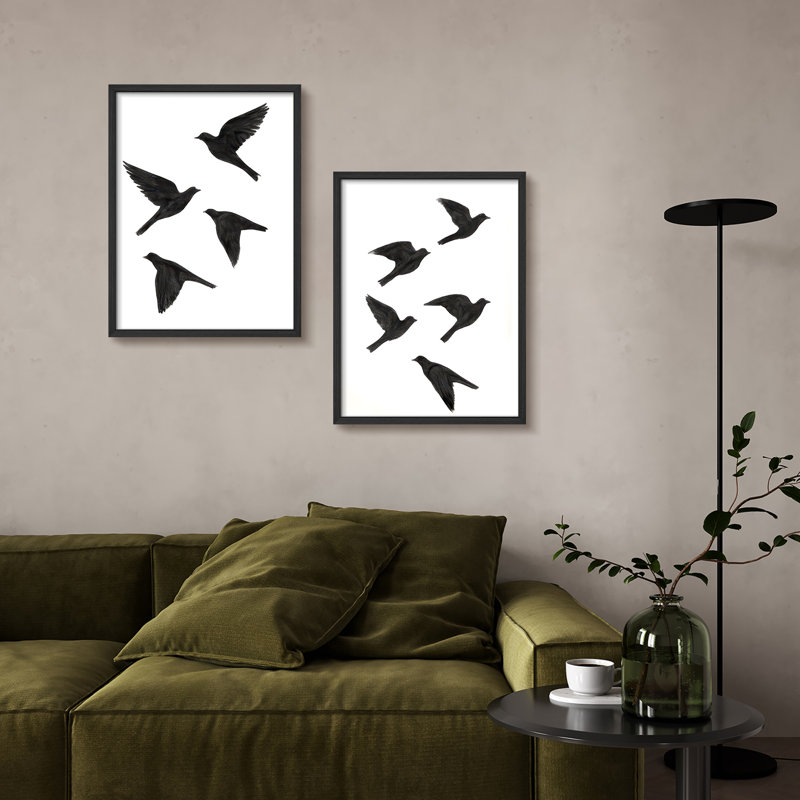 «Flying Birds Silhouette», ensemble de 2 reproductions d'art mural encadrées minimalistes sur fond blanc, œuvre d'art moderne pour décor de salon ou de bureau