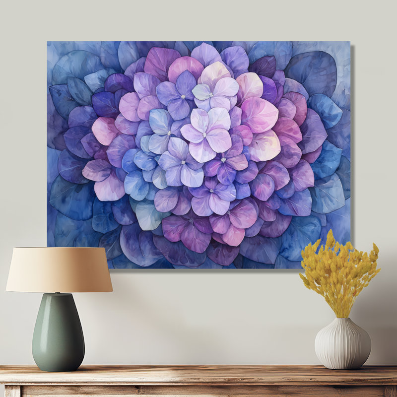 Irjat hortensia à l'aquarelle Mandella de l'encre mauve I - hydrangées, art mural sur toile, H 30 po x l 40 po, Toile tendue