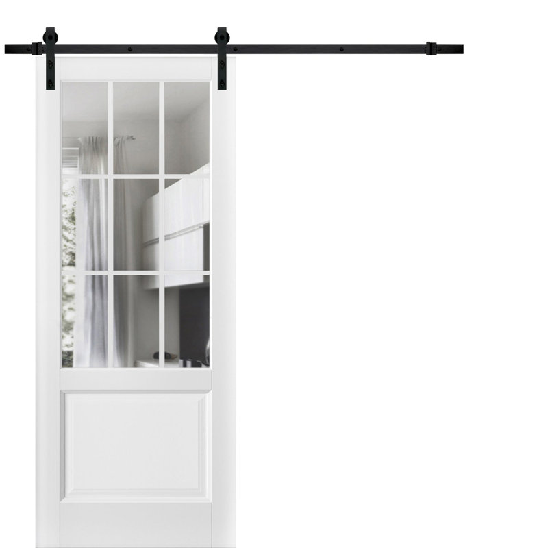 Porte de grange robuste Felicia 3599 Blanc Soie avec vitrage transparent, rail de 2 m, quincaillerie renforcée, porte intérieure à panneau plein - 107 cm x 213 cm - vitrage transparent - rail noir