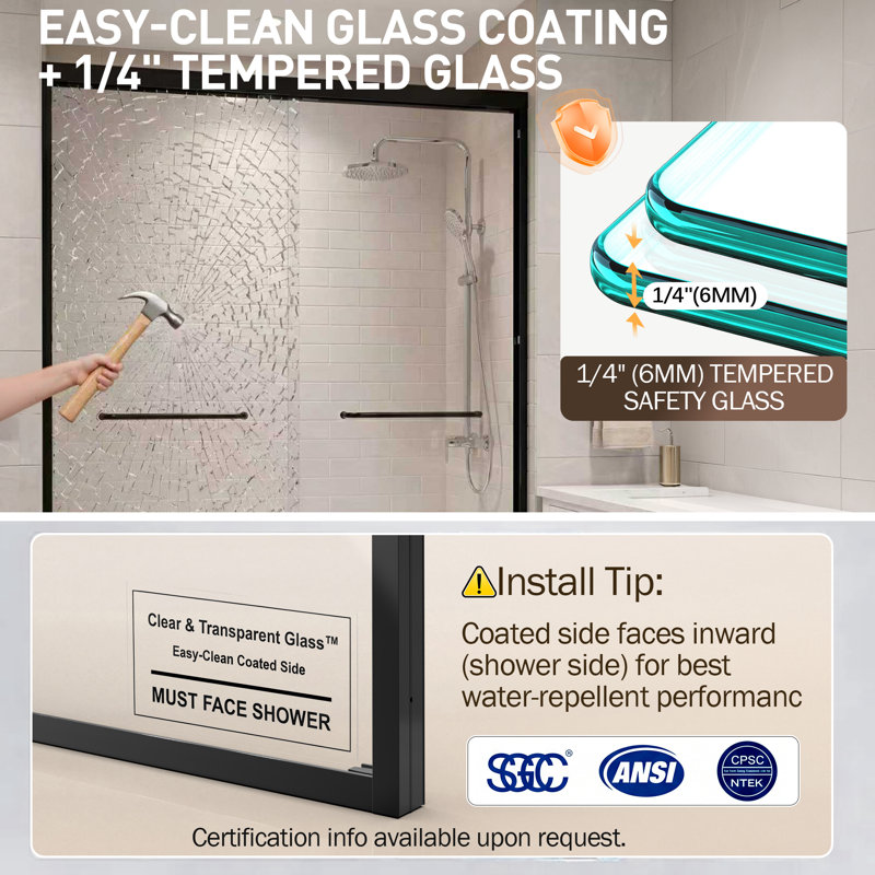 56" - 60" W x 72" H Double Sliding Framed Shower Door with 1/4-in (6mm) Tempered Glass and Quiet Rollers, Black, 56"-60" W