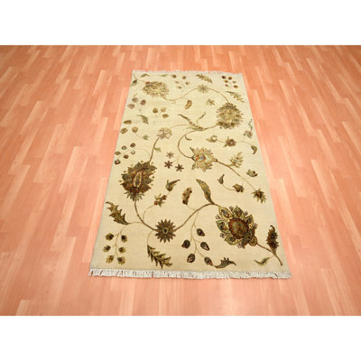 4'x6' Parchment White, Botanical Design, Borderless, Half Wool and Half Silk, Densely Woven, Soft Pile, Hand Knotted, Oriental Rug
