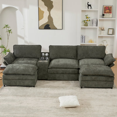 [NOUVEAU!] Canapé modulaire en U rembourré en forme de U, modulaire avec console de rangement et recharge sans fil, 2 porte-gobelets, haut-parleurs Bluetooth