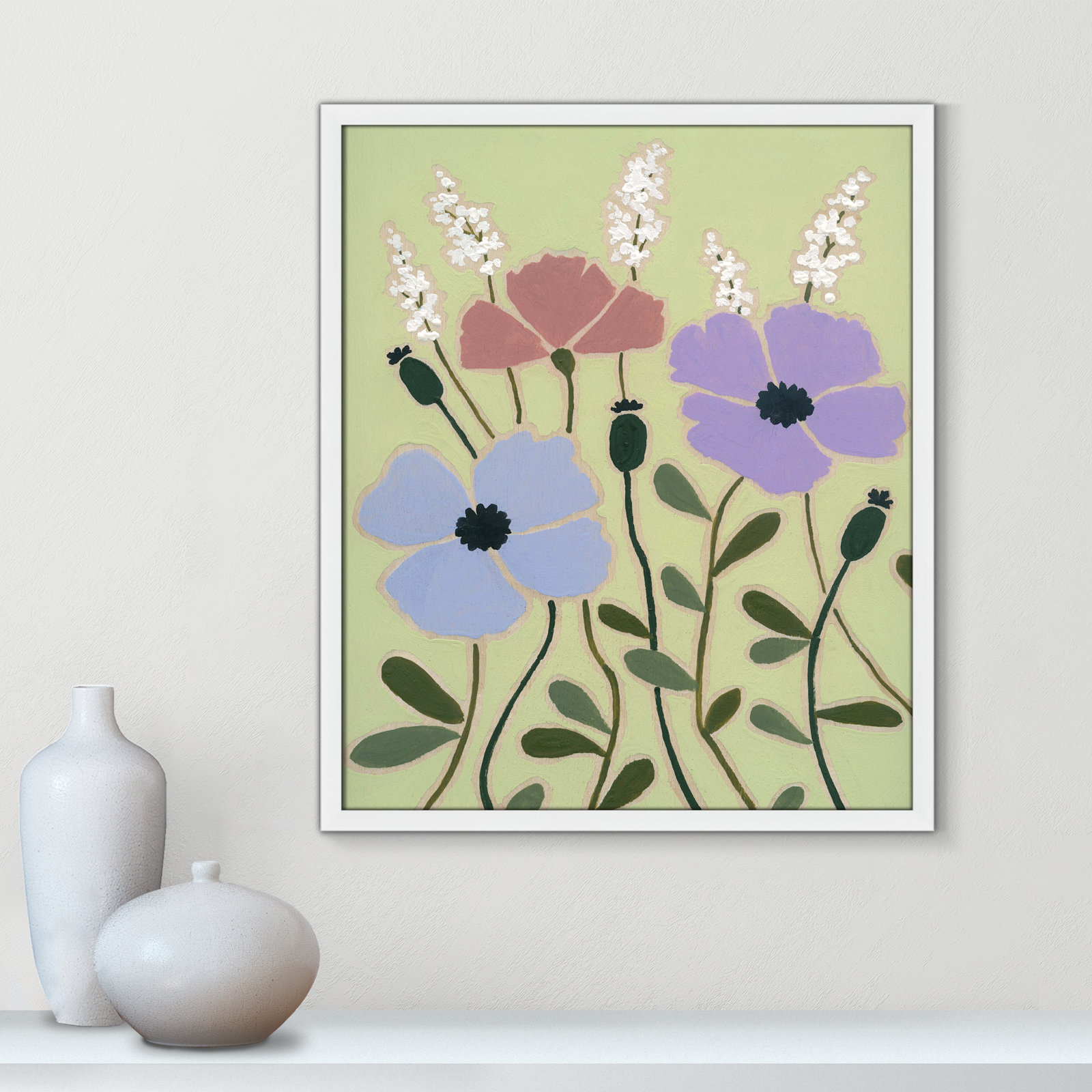 Maura "Woodblock Floral III" Print, 25.5" H x 21.5" W x 1.25" D, Satin White Framed