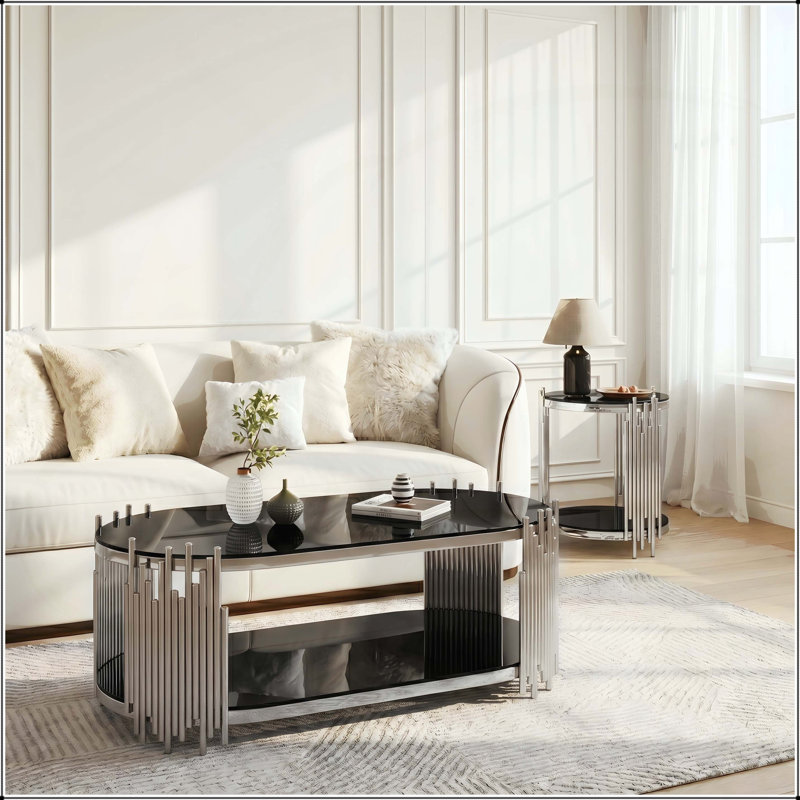 Ensemble de 2 tables gigognes ovales en verre noir avec finition chromée, Black / Silver