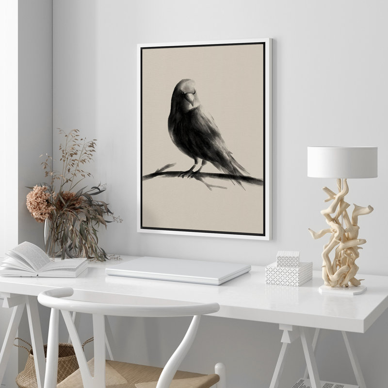 Oiseau gris, peinture à l'encre, Blanc, H 24 po x l 16 po