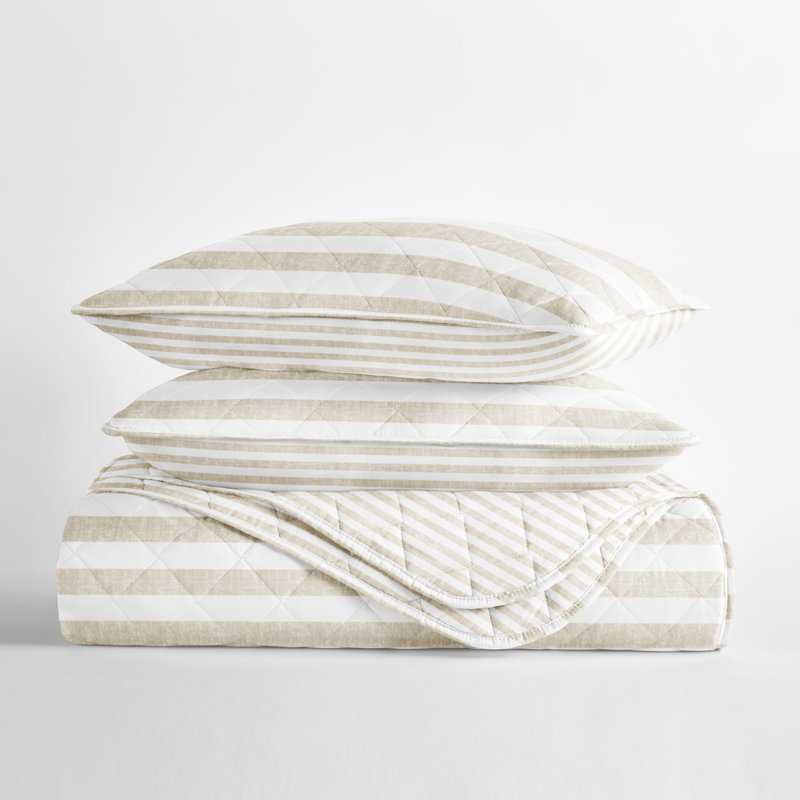 Natural Beige and White Striped Microfiber Full Quilt Set