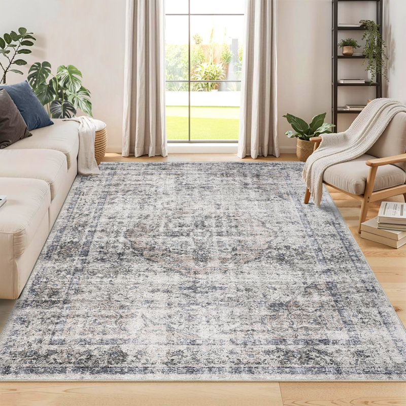 Machine Washable Rug with Rubber Backing for Living Room Oriental Non-Slip Area Rug Easy-Cleaning Vintage Floor Carpet for Bedroom Dining Room Office Playroom Nursery