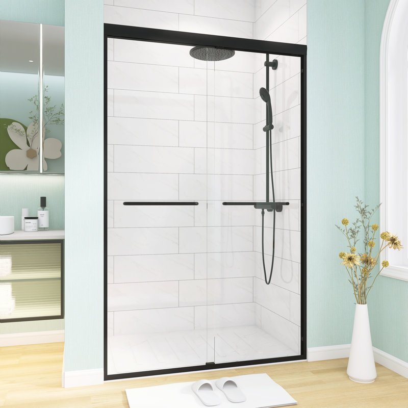 Porte de douche coulissante double semi-sans cadre 44 x 48 po x H 72 po avec verre trempé de 1/4 po (6 mm), Noir mat