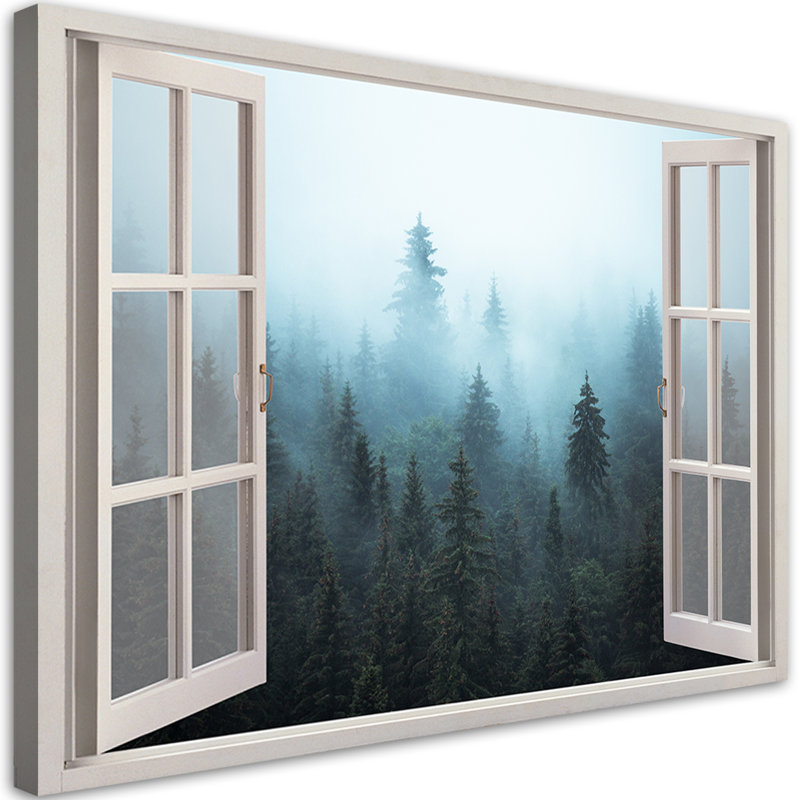 Picture, Window Display Forest In Foggy Nature - Wrapped Canvas Print