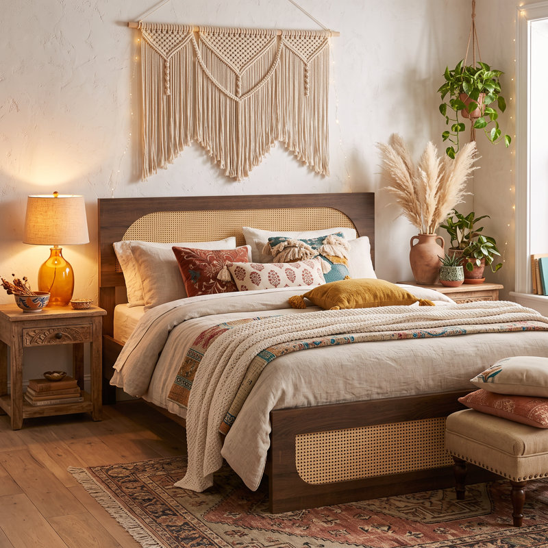 Base de lit avec tête de lit Modern Farmhouse, Très grand lit, Noyer