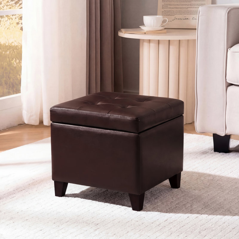 Amoya Faux Leather Square Storage Ottoman with Tufted Lid, Brown