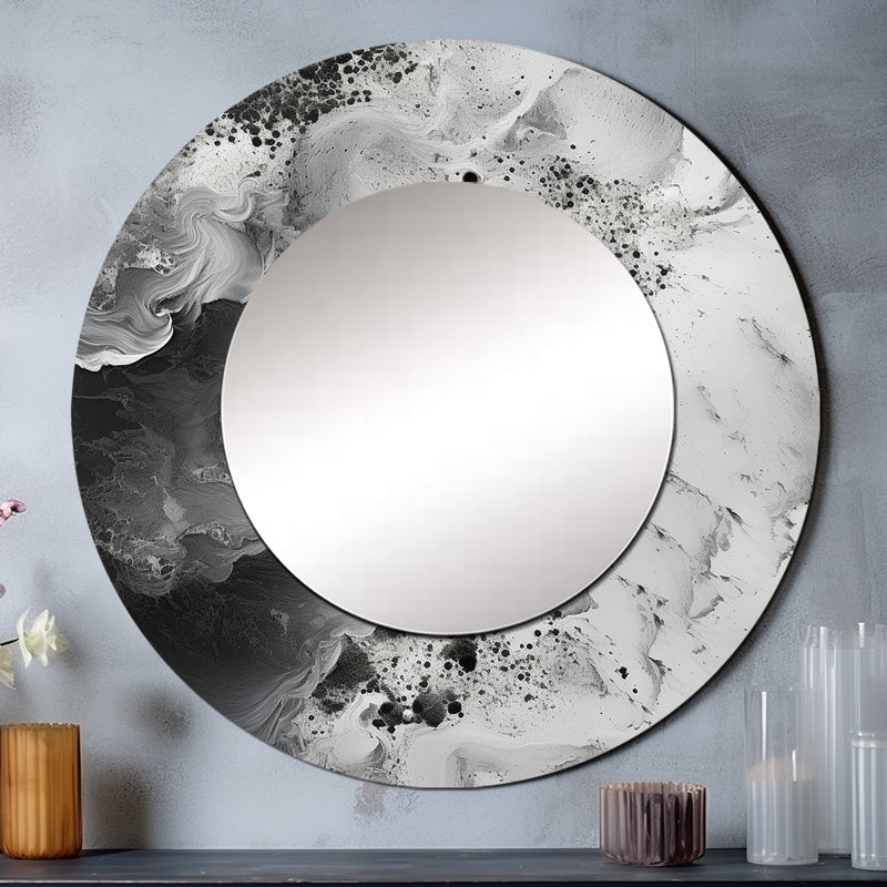 Robbert abstrait, peinture liquide crème et noire I - miroir bord de mer, miroir mural décoratif rond, impression sur métal