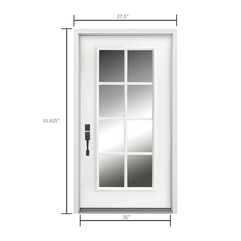 Porte d'entrée extérieure moderne en fibre de verre 8-Lite avec finition blanche texturée acajou, Droite / vers l'intérieur
