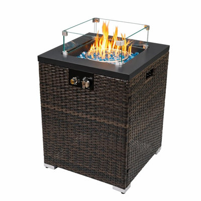 Table brasero carrée en osier de 71 cm (28 po) fonctionnant au propane, avec protection contre le vent et chauffage de terrasse de 40 000 BTU