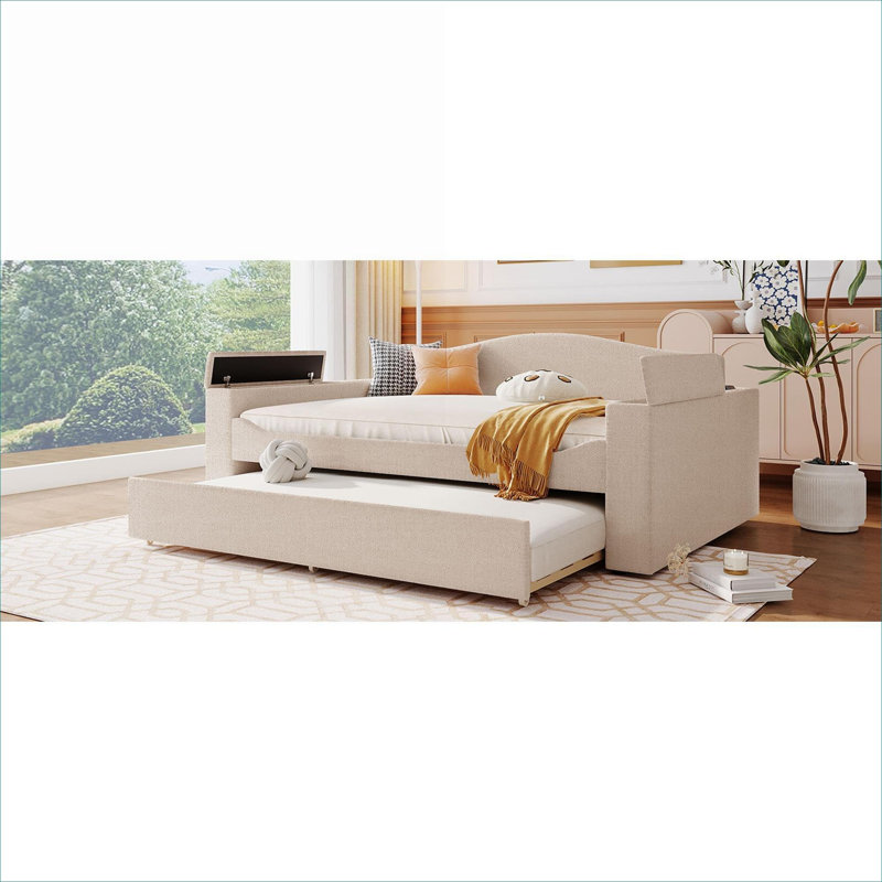 Lit plateforme tapissier pleine grandeur beige chaud, canapé-lit avec accoudoirs de rangement, lit gigogne escamotable et audio Bluetooth intégré, molleton en peluche