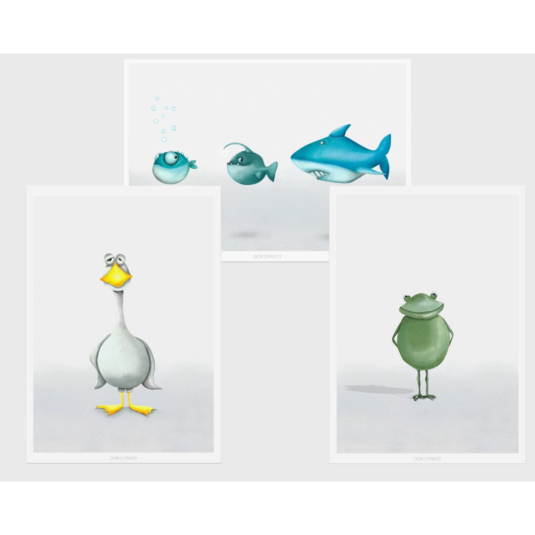 3-tlg. Poster-Set Ente, Frosch und Fisch