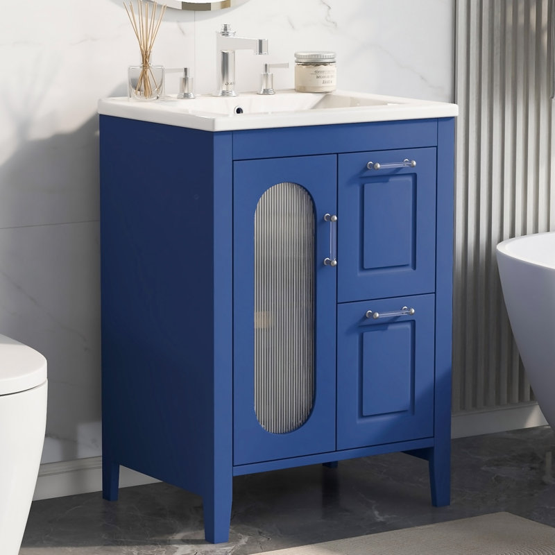 Meuble-lavabo 24 po avec lavabo, meuble-lavabo avec deux tiroirs et porte, tablette réglable, bois massif et panneau de fibres à densité moyenne
