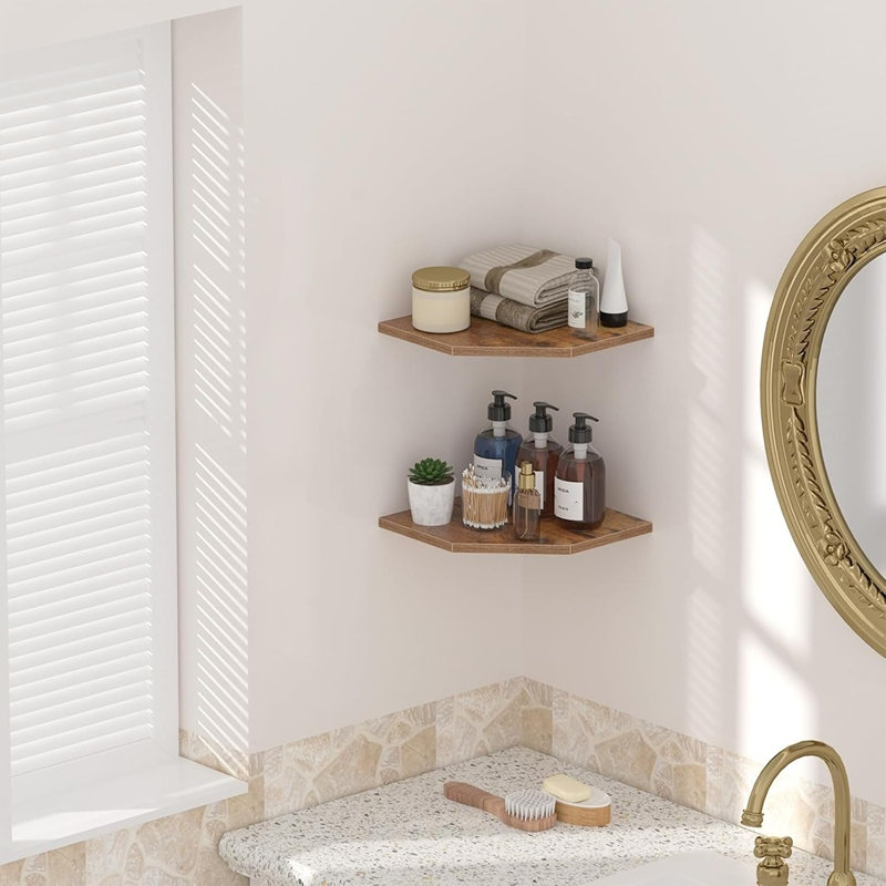 Ensemble de 2 étagères de coin flottantes brun rouille – Tablettes murales modernes en bois pour le rangement et la présentation