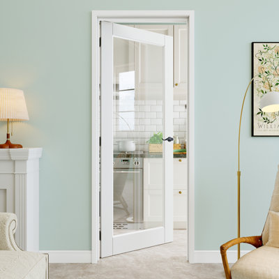 Porte pré-suspendue en verre clair 28 po x 80 po 1-Lite avec levier incurvé et charnières noires