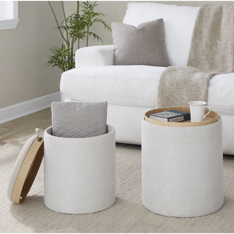 Alvena 15.5" Wide Round Storage Ottoman with Tray Tops, Smooth Cream