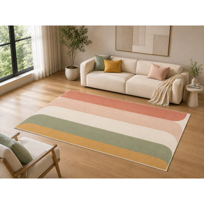 Tapis rayé moderne « ultra fin » 152 x 213 cm pour salon, tapis d'intérieur doux à poils courts avec envers antidérapant en silicone, tapis décoratif pour chambre, salle familiale, chambre d'enfant et animaux de compagnie, multicolore