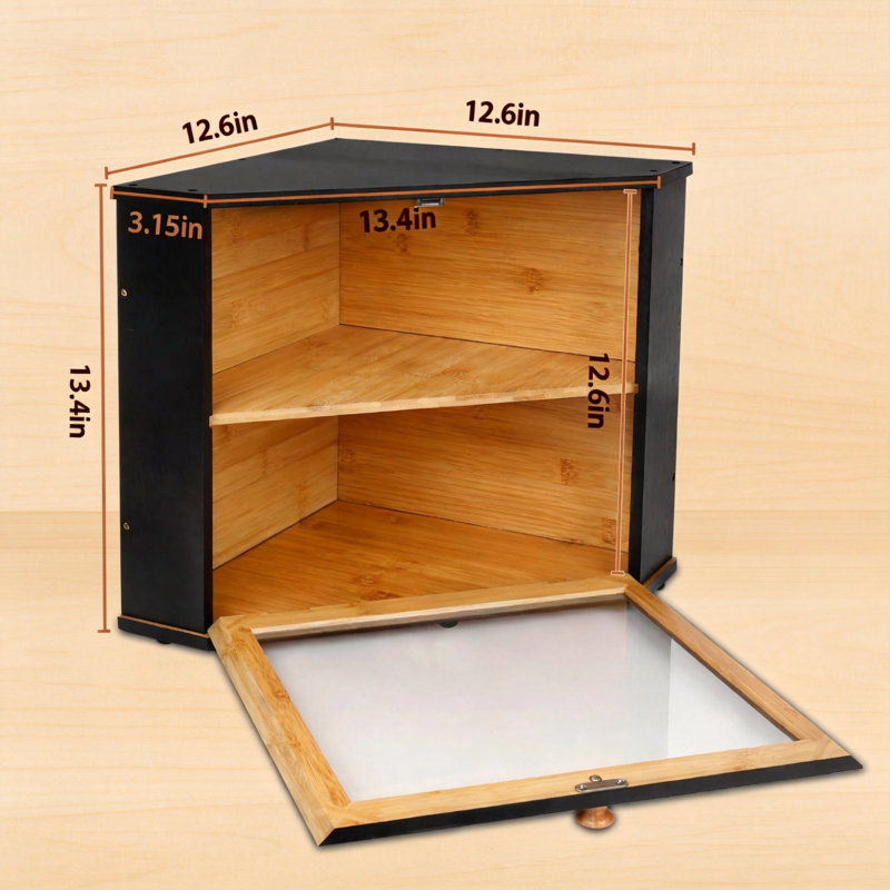Boîte à pain de coin en bambou, rangement de pain double couche avec fenêtre transparente, organisateur de pain en bois, (noir)