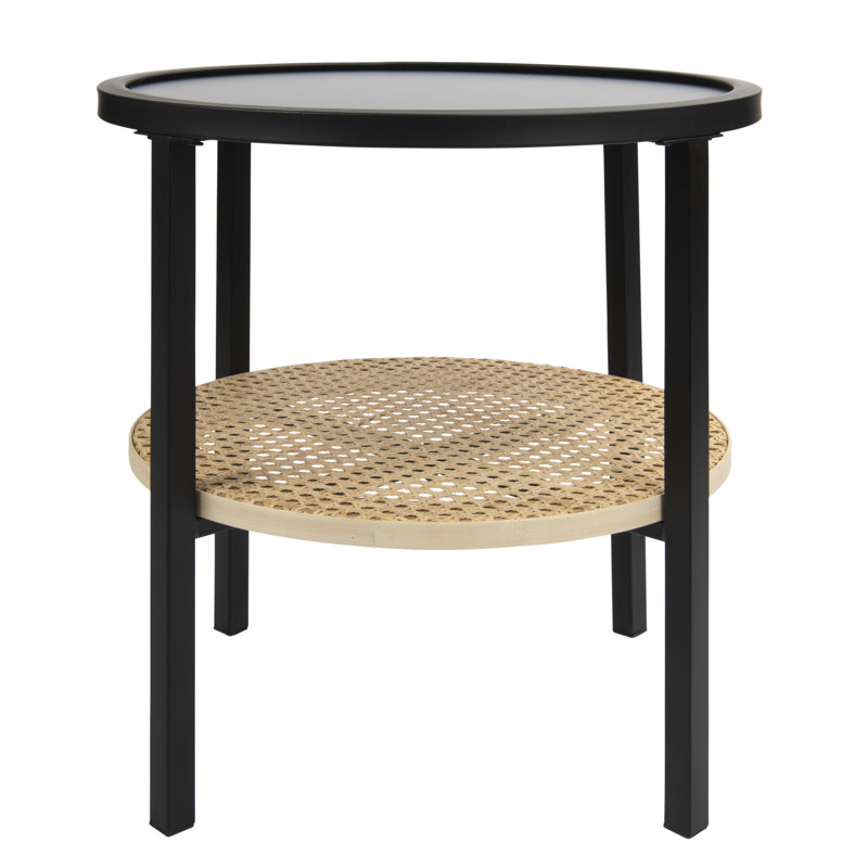 Round Metal Accent Table with Tray Style Top and Handwoven Bamboo Storage Shelf