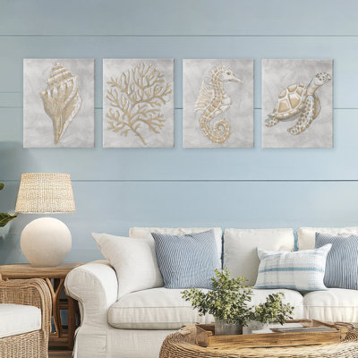 «Grey Sea Life», ensemble de 4 toiles dessinées par Patti Bishop