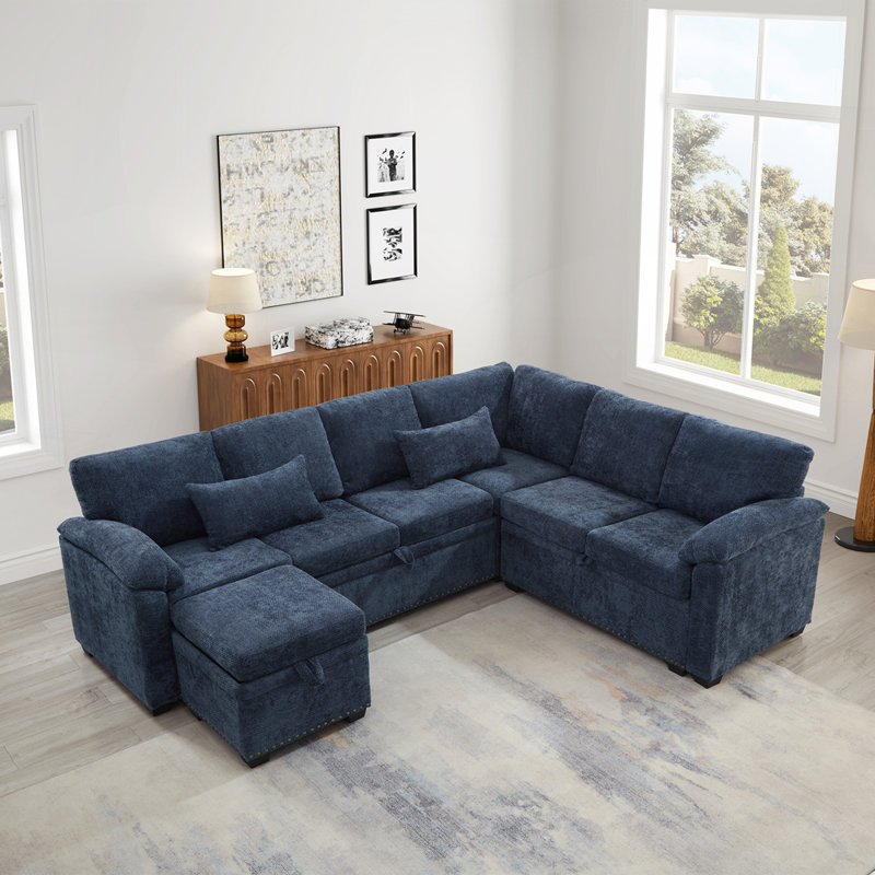 Canapé modulaire avec repose-pieds avec rangement et tissu chenille et 2 coussins de salon, Bleu très foncé