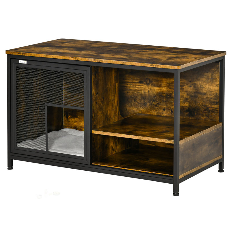 Niche pour chat, maison pour animaux de compagnie avec coussin et portes coulissantes, table de bout en bois brun rustique