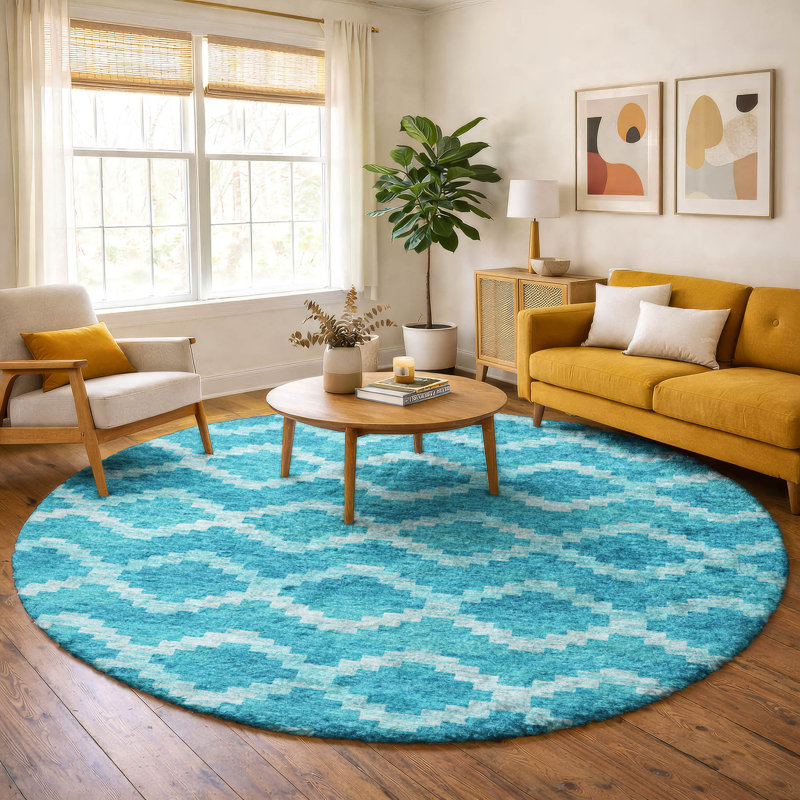 Premium Machine Washable Dream Shag ADS115 Tribal Rug, 8' Round, Turquoise