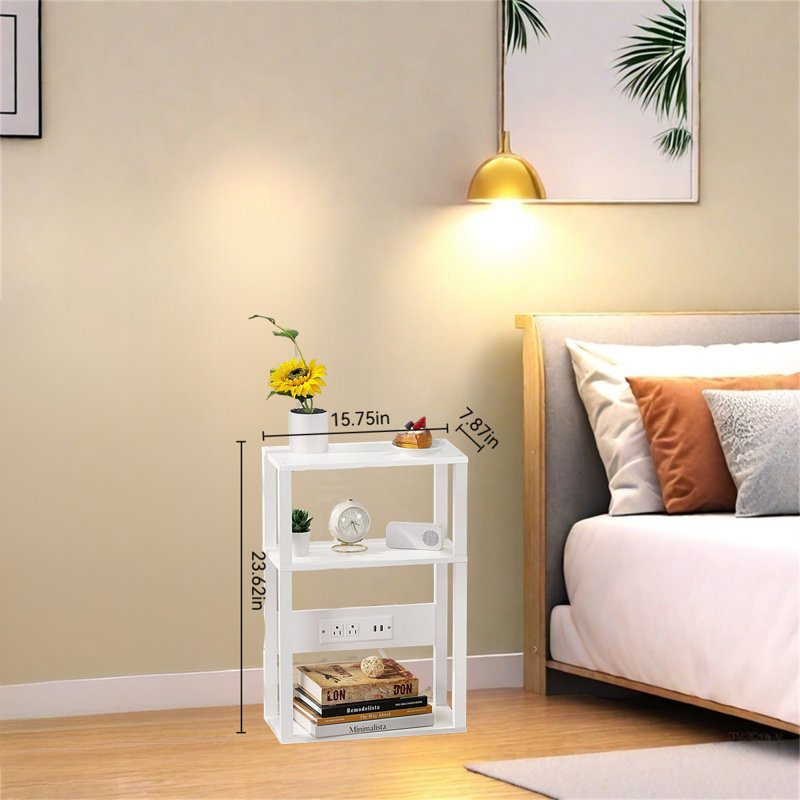 Table d'appoint étroite à 3 niveaux avec station de charge - Table de chevet compacte pour petits espaces, Blanc