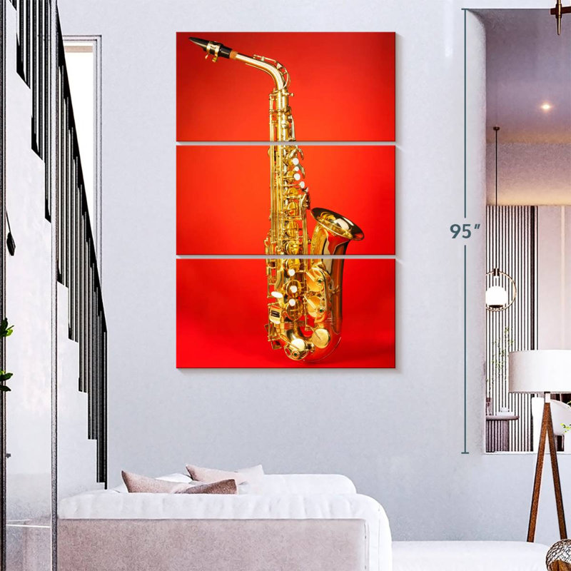 Abarca saxophone sur fond rouge, H 74 po x l 48 po