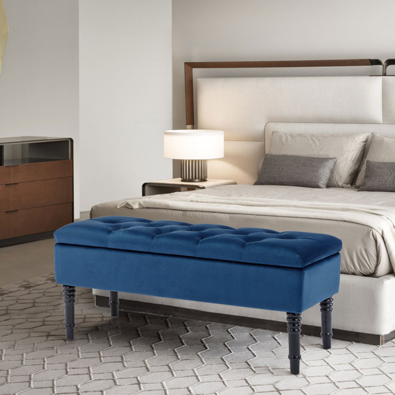 Banc de rangement avec repose-pieds Scheel, Velours bleu