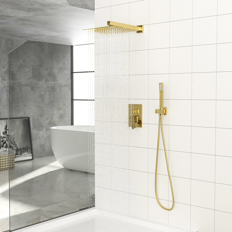 Gold 12 Inch Wall Mounted Dual Shower Head Shower. -Balanced Valve For Stable Water Flow. Rainfall Enjoyable Easy Installation And Cleaning. With Arm, Handheld, Hose, Holder, & Instruction Brochure -