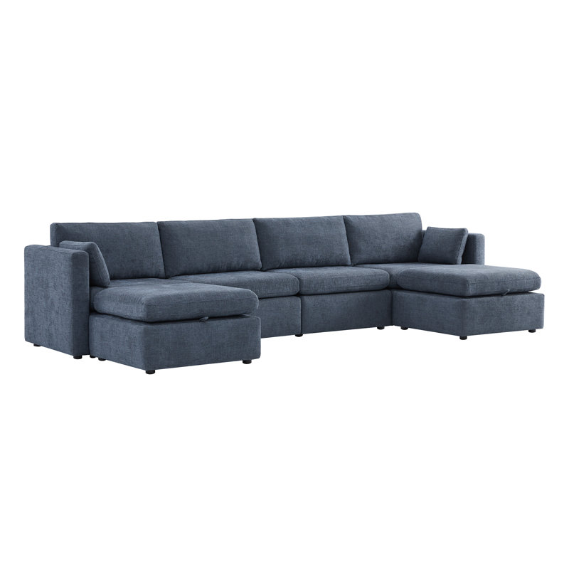 Canapé modulaire rembourré 146,5 po Winfree, Mélange de lin bleu