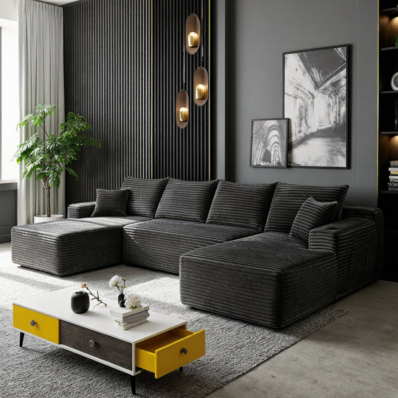 Canapé modulaire 126 po avec méridienne double en forme de U - canapé moelleux avec poches latérales et porte-gobelets, siège profond - aucun assemblage requis, conception modulaire pour salon, chambre à coucher, cinéma maison - 5 places