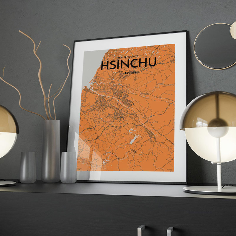 Hsinchu City Map in Orange 1 Piece Wall Art, 24cm H x 18cm W x 0.05cm D