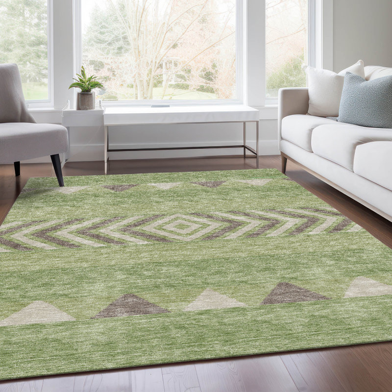 Premium Machine Washable Prisco Green Rug, Rectangle 3' x 5'