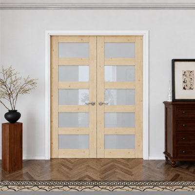 Porte intérieure à 5 carreaux en pin massif naturel et verre dépoli, style colonial, double porte-fenêtre, verre trempé certifié SGCC, cadre blanc et quincaillerie en nickel satiné - Poignée de porte avec serrure, loquet et charnières, non finie et à peindre, 183 cm x 203 cm