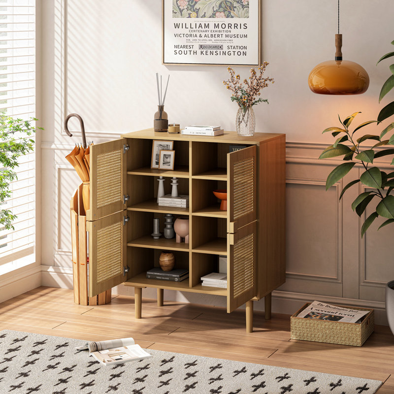 4-Doors Rattan Mesh Storage Cabinet, Sideboard With Eight Storage Spaces, For Entryway, Living Room, Hallway (Natural)