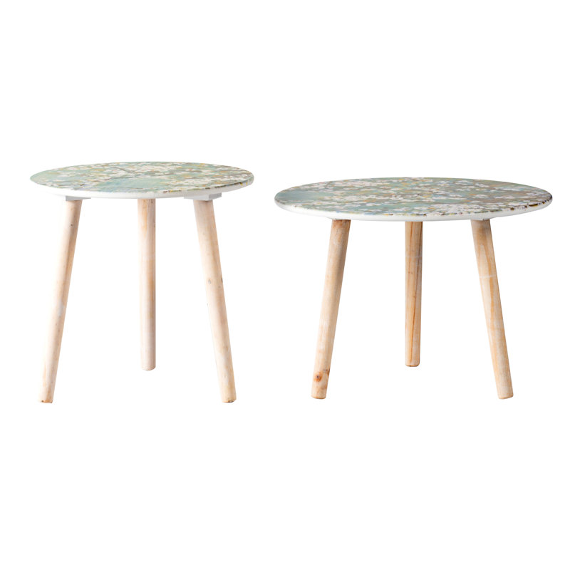 Tables d'appoint inspirées de la nature - 2 pièces, construction, plateau en cerisier peint en blanc et bleu, pour le salon, la chambre à coucher, le vestibule